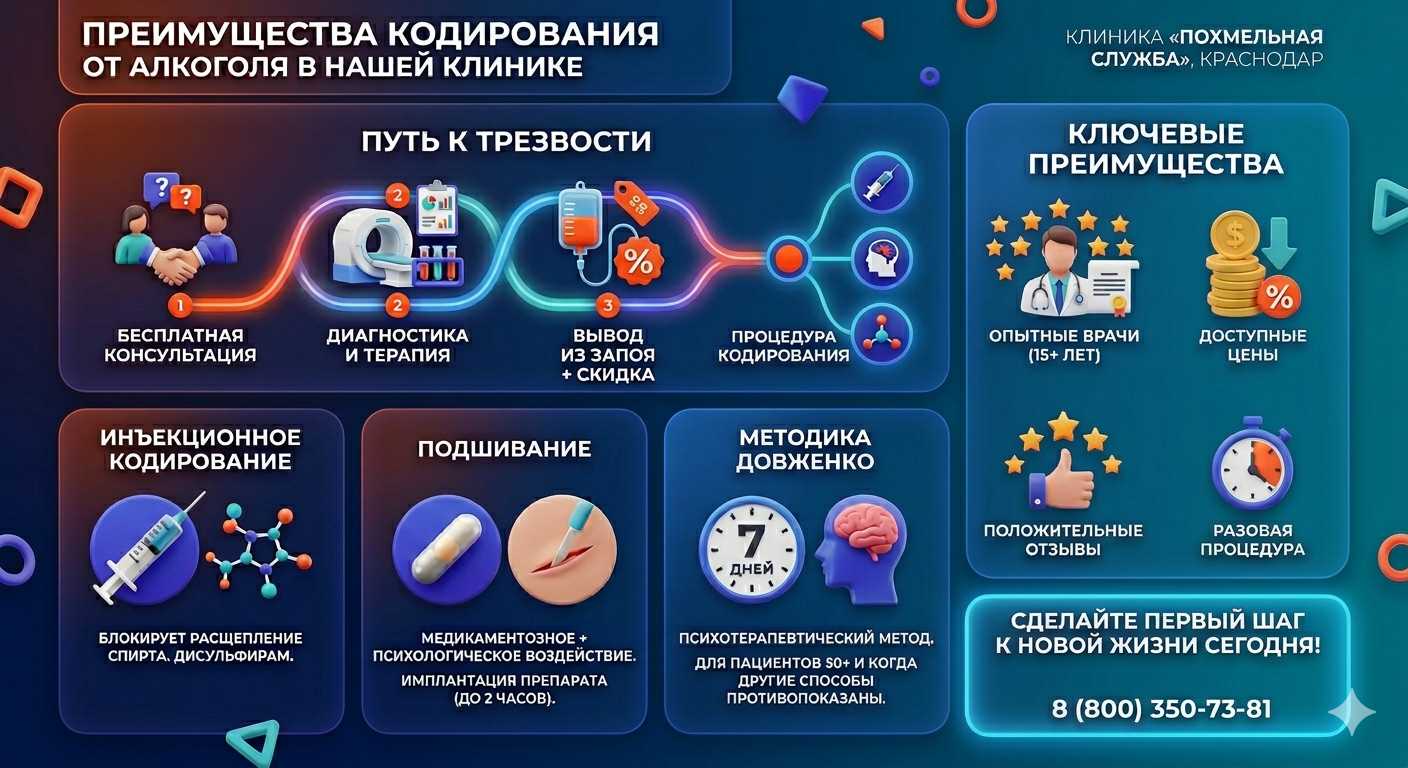 Инфографика о методах кодирования от алкоголя в Киржаче: инъекции, подшивание, метод Довженко. Преимущества клиники и этапы лечения.