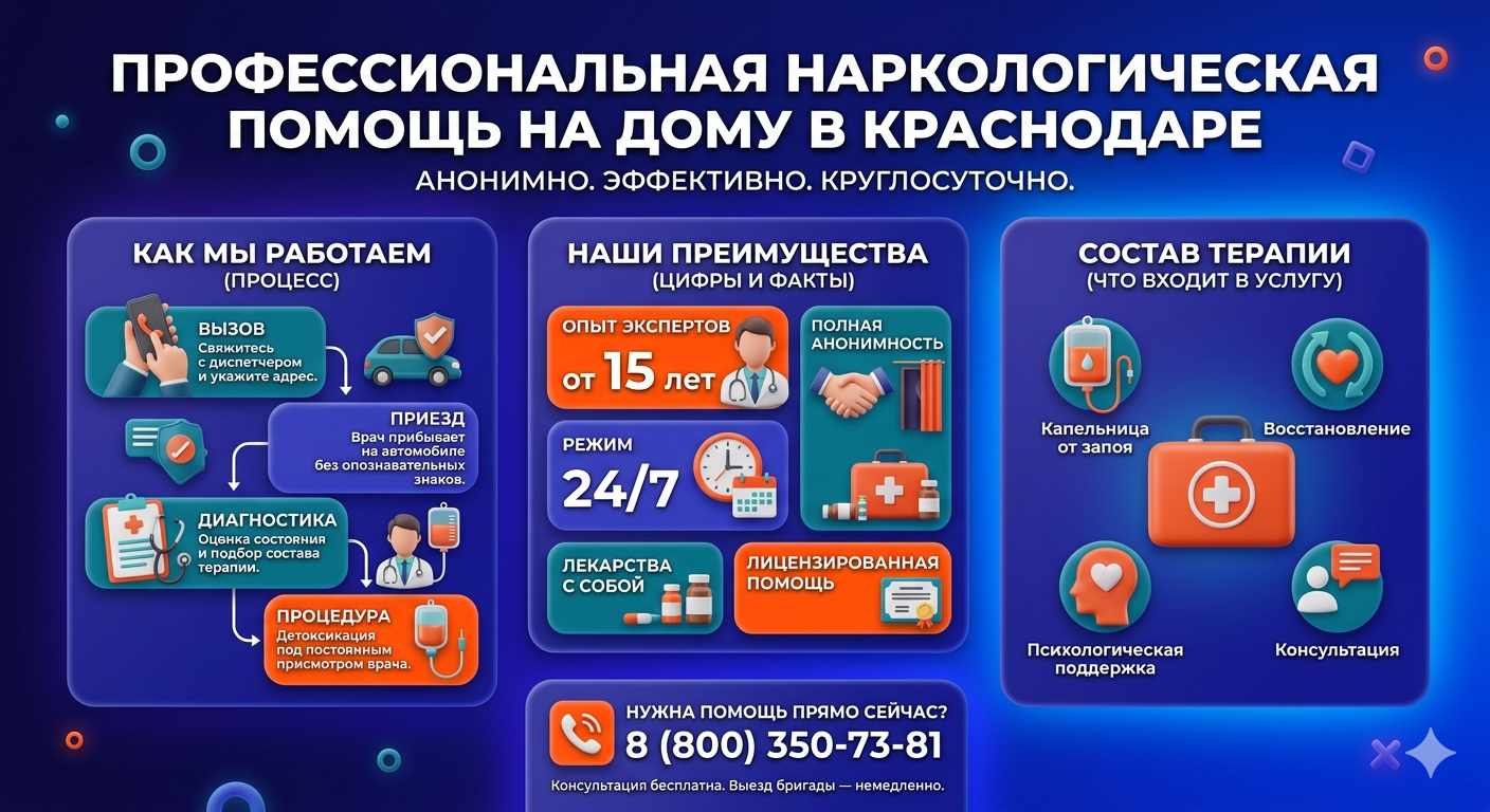 Инфографика о принципах лечения алкоголизма на дому в Киржаче: этапы вызова нарколога, преимущества анонимной детоксикации и состав медицинской помощи.